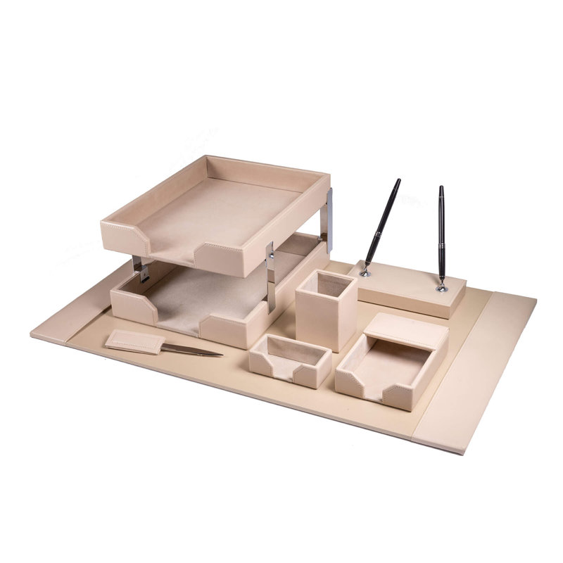 Ensemble de rangement de bureau en cuir retravaillé bleu marine 9 pièces, Latté blanc