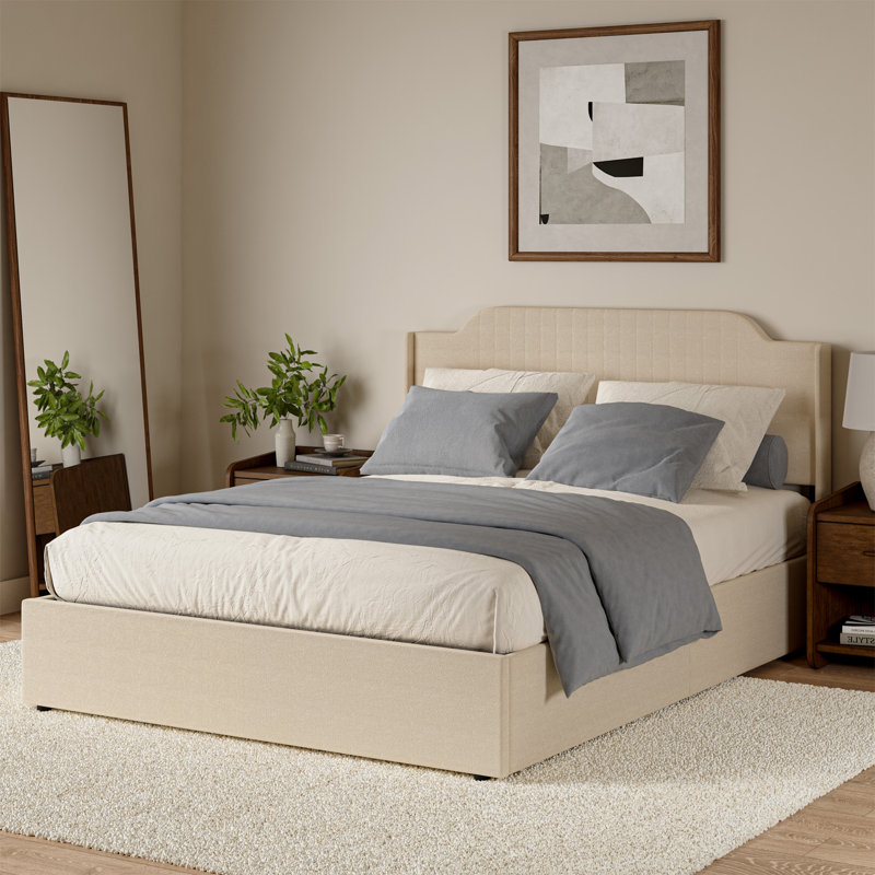 Lizette 64.5" Hydraulic Lift Up Storage Upholstered Platform Bed with Wingback Headboard, Linen