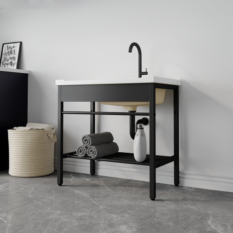 32" W Freestanding Laundry Sink with Integrated Washboard and Black Metal Frame