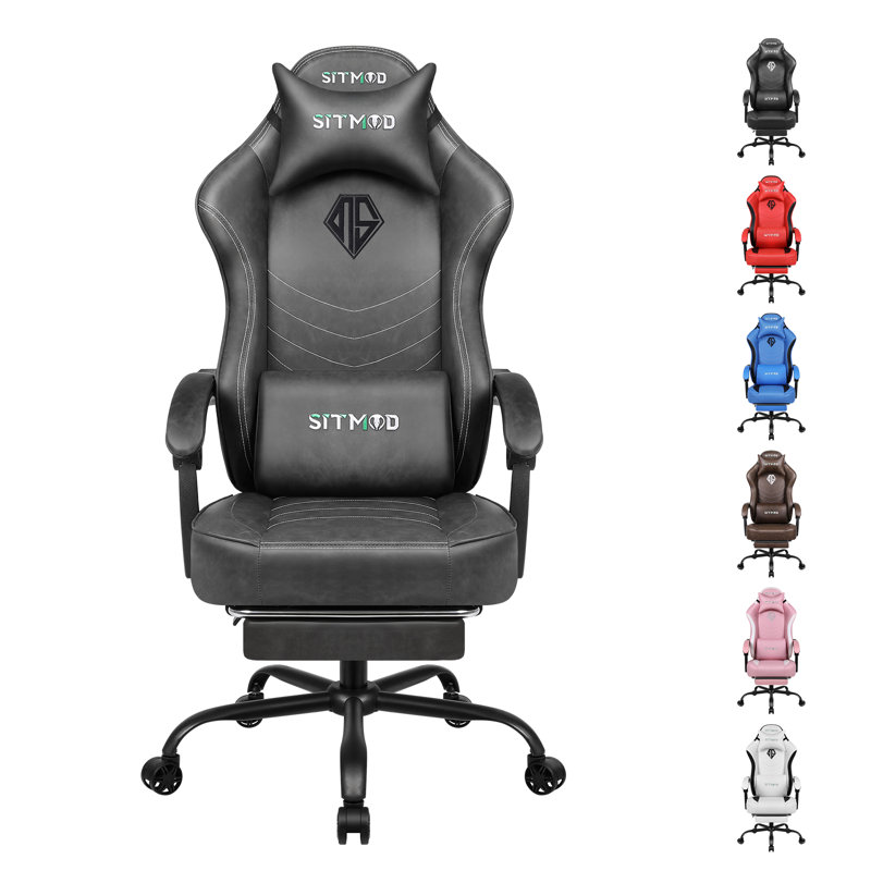 Ebern Designs Ergonomic Gaming Chair with Footrest for Adults-PU Leather PC Computer Gaming Chair, Gray