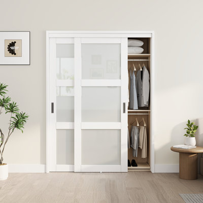 80" White Frosted Glasses Pantry Sliding Closet  Doors With Hardware & Handles