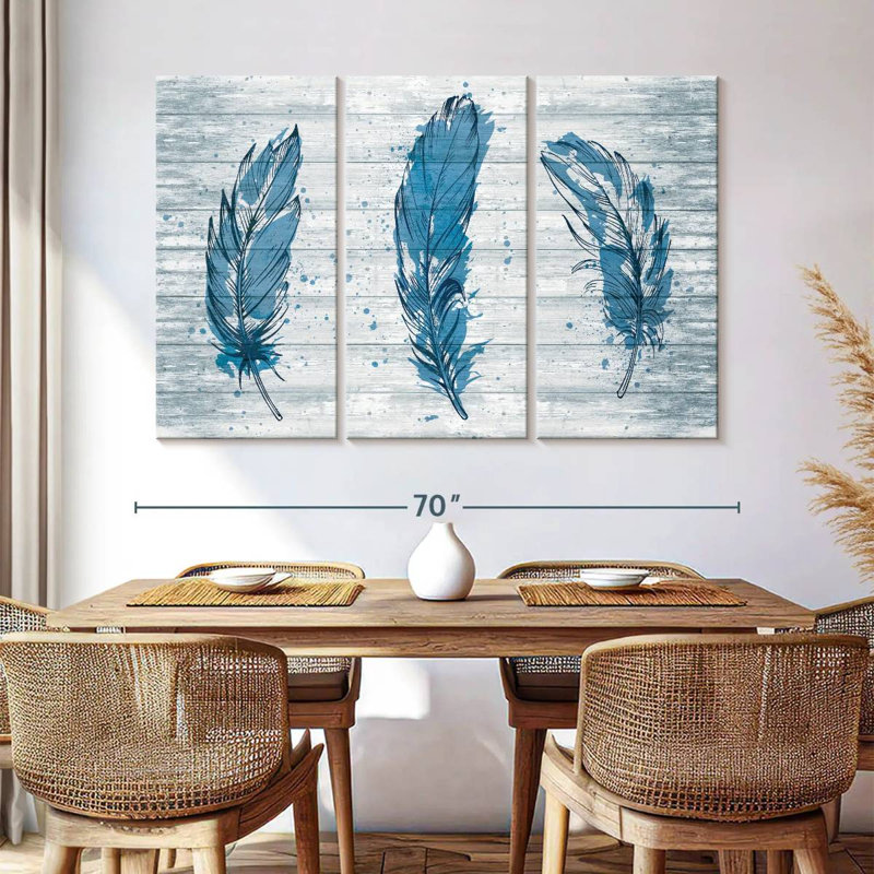Kerner Blue Feathers On Wood, 42" H x 65" W