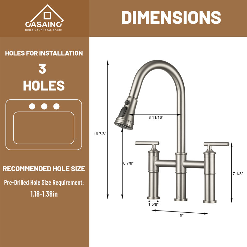 Sleek 2-Handle Bridge Kitchen Faucet with Three Function Pull-Down Sprayhead 1.8 GPM, Silver