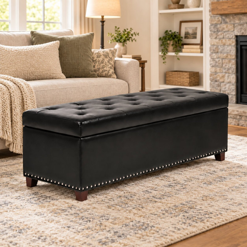 Pouf de rangement en similicuir noir de 119 cm pour chambre et salon