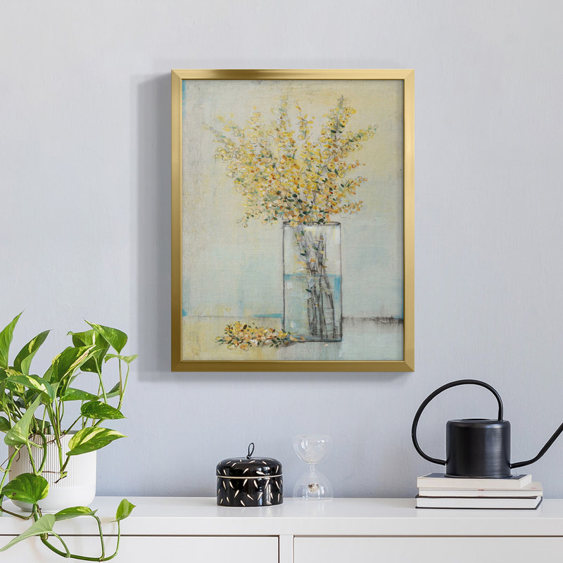 Vaporisateur jaune dans un vase I - Toile avec cadre de qualité supérieure - Prêt à être accroché