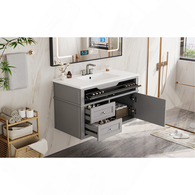 Meuble-lavabo mural 36 po, armoire de rangement flottante avec 2 tiroirs, 1 tiroir basculant, lavabo simple en céramique à 3 trous, armoire moderne.