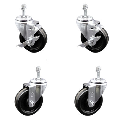 4 Inch_Phenolic Wheel Swivel 10mm Threaded Stem Caster Set 2 Brakes SCC