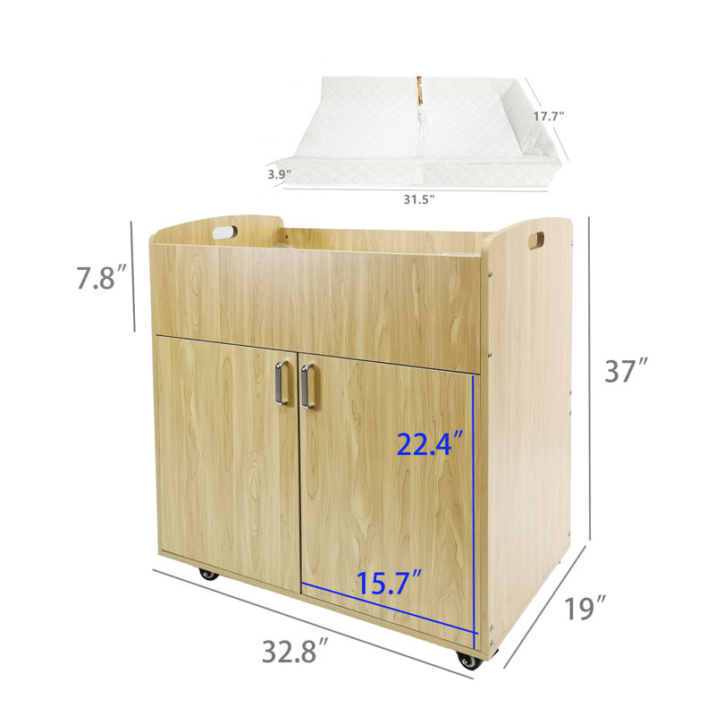 Children Infant Changing Table with Pad, Wooden Changing Table, Natural, Optiona Install Castors