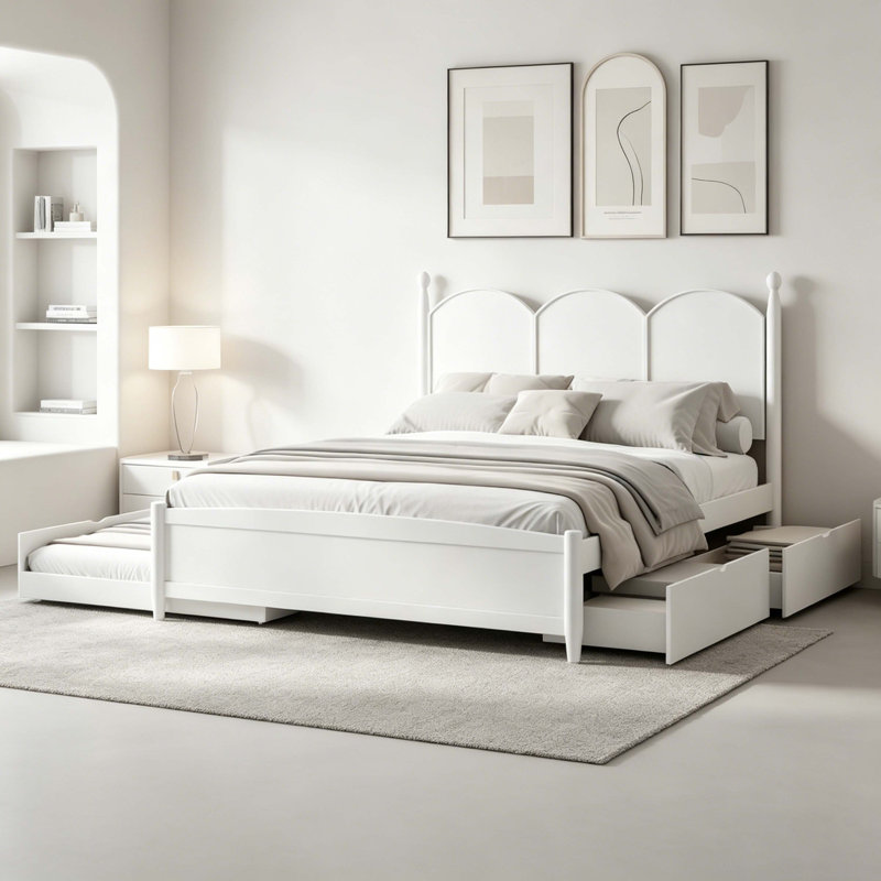 Grand lit plateforme blanc avec 2 tiroirs de rangement et lit gigogne simple TG, Blanc