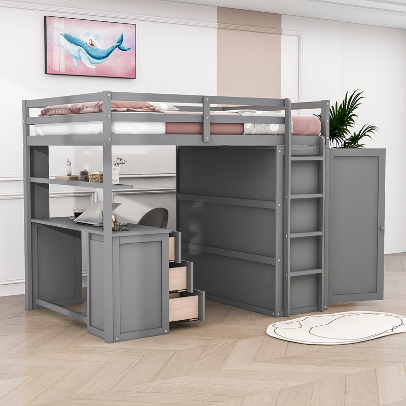 Lit mezzanine avec tiroirs Heathyr Kids, Gris, Lit double
