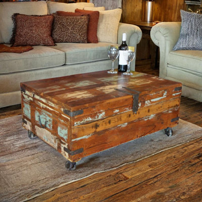 Bruning Old Distressed Painted Teak Trunk on Wheels