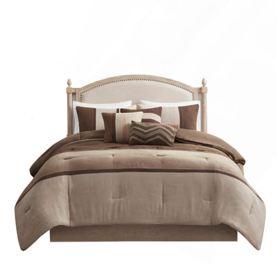 7 Piece Faux Suede Comforter Set In Brown, Queen Size, With Hypoallergenic Filling And Coordinated Decorative Pillows