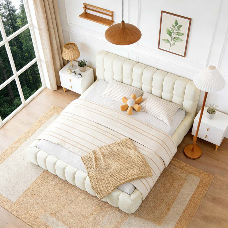 Très grand lit plateforme tapissier avec tissu épais, Beige