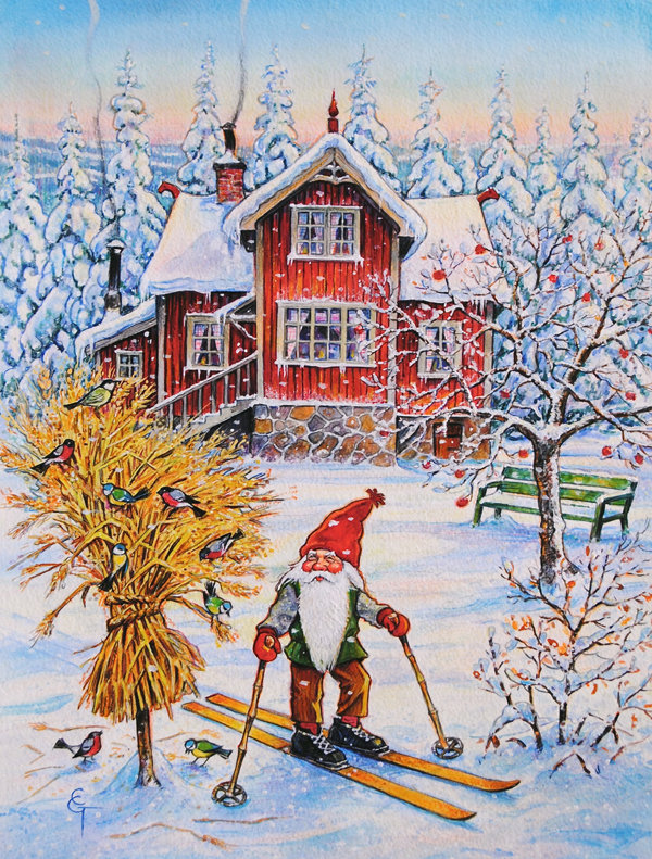 Drapeau de jardin 2 côtés christmas gnome ski, H 15 po x l 11 po