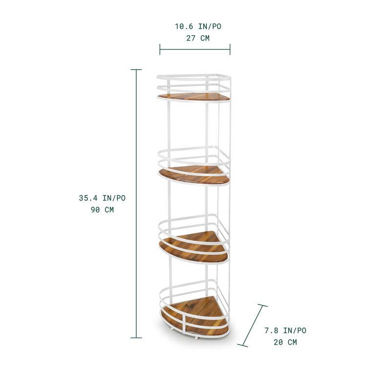 Organisateur de tablettes de rangement de salle de bain à 4 niveaux avec accents en bois d'acacia blanc mat, Blanc mat