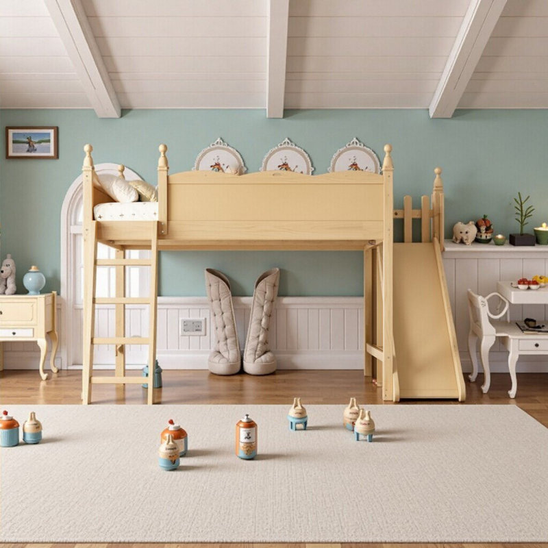 Lit mezzanine en bois massif avec tablettes de rangement, garde-robe et glissade amovible pour enfants, taille simple / double / grand