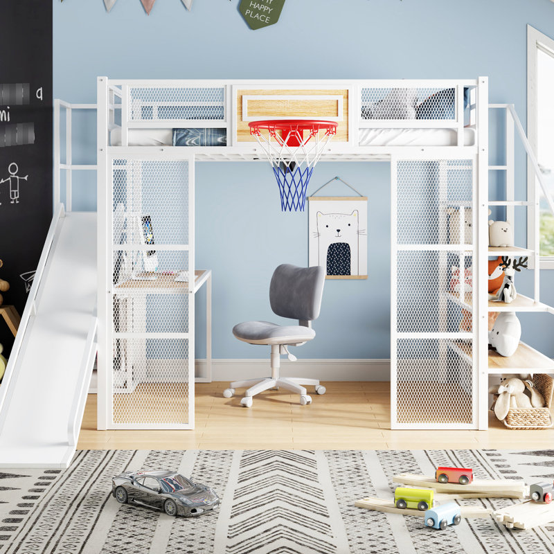 Lit mezzanine en métal blanc Space Room avec bureau, garde-robe, cerceau, glissade et escalier
