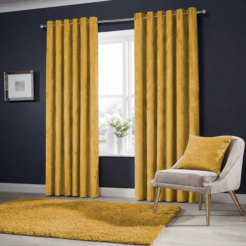 Winkel Premium Velvet Eyelet Ready Made Thermal Drapes & Curtains, (228 Width X 228 Height) cm, Ochre
