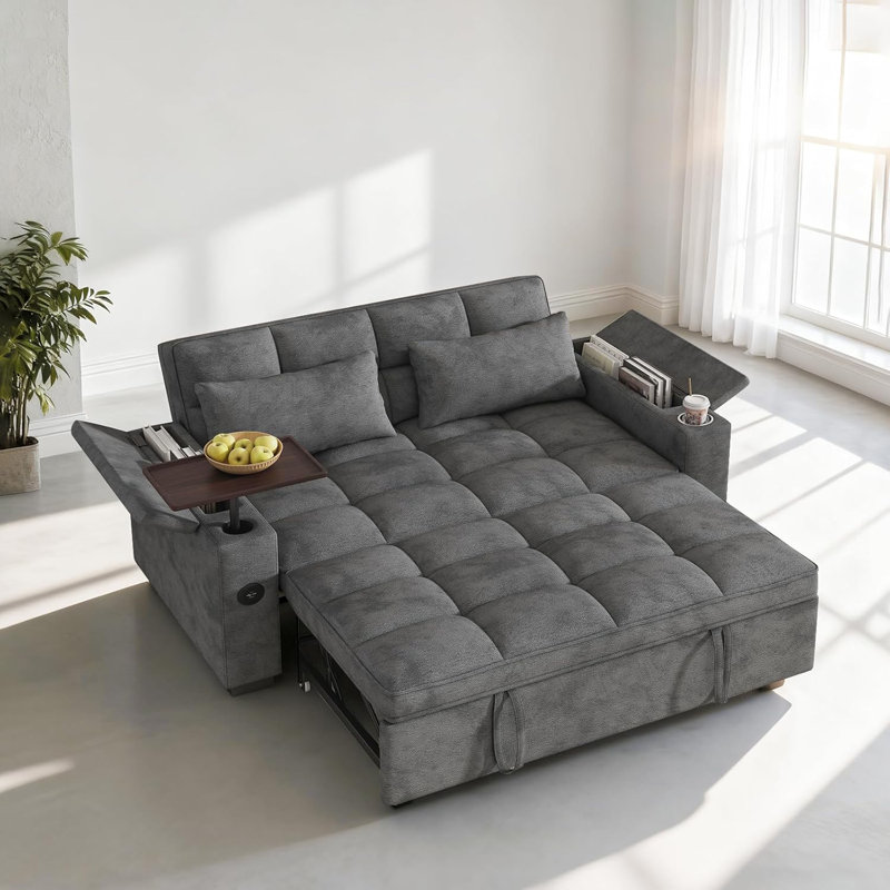 68-Inch Tufted Sleeper Sofa With Rotating Side Table, Cup Holders & USB Ports, Dark Gray