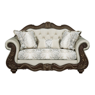 Pierce Beige Fabric & Cherry Finish Loveseat W/3 Pillows