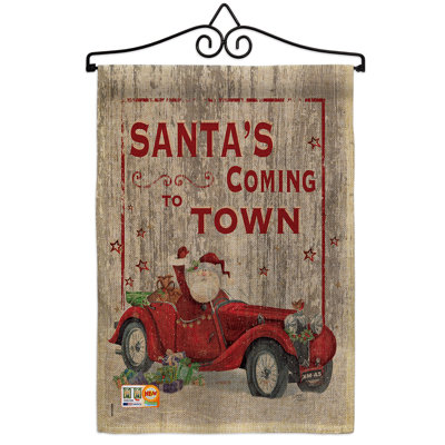 En toile jute à 2 côtés 19 x 13 po père noël arrivant à town winter drapeau de jardin