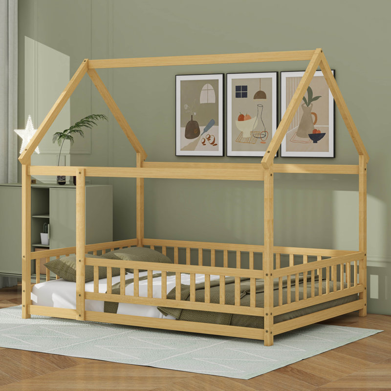 Lit double en bois pleine grandeur, lit maison avec structure de toit, Double, Naturel