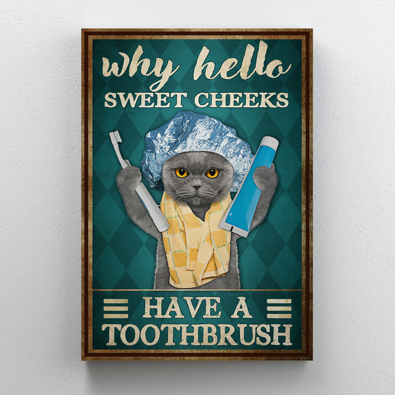 Chat à brosser les dents - pourquoi bonjour les joues douces, toile tendue avec châssis - décor d'illustrations pour salle de bain pour animaux de compagnie, gris et bleu