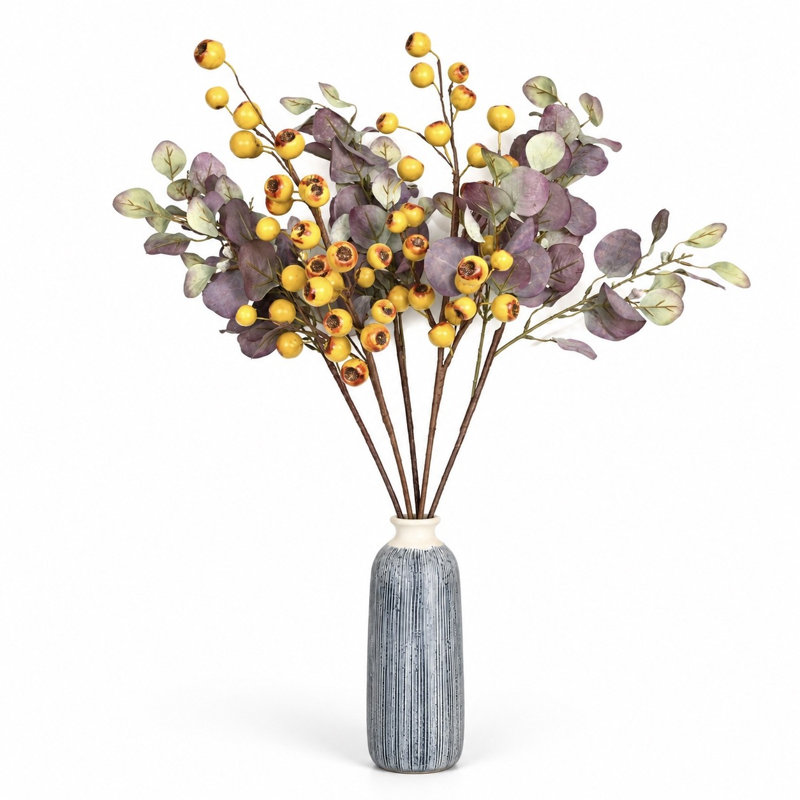 36 "tiges de pavot jaunes artificielles avec eucalyptus, fausses branches d'automne pour présenter un vase de table