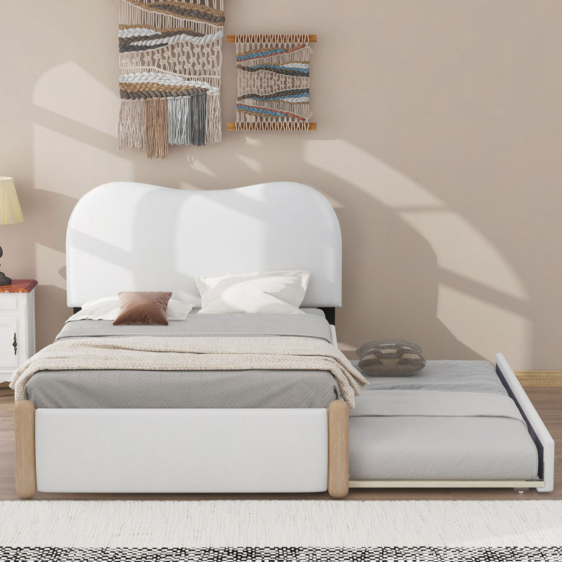 Lit plateforme tapissier avec pieds et gigogne en bois