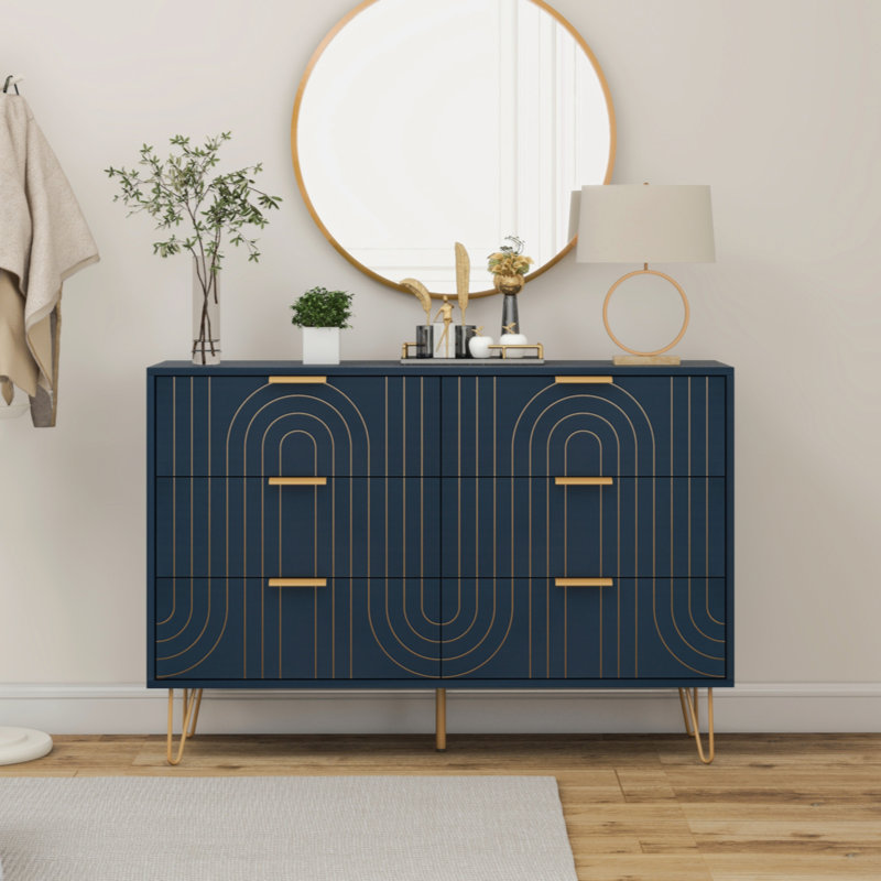 Philisma  Wood Storage Dresser with 6 Drawers and Metal Handles, Dark Blue