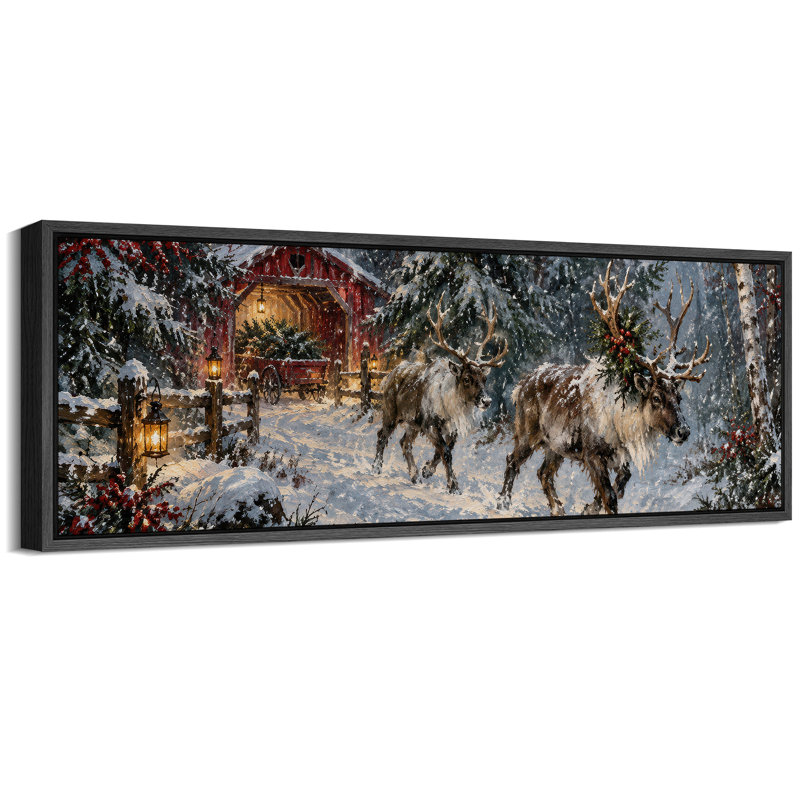Forêt de Noël enneigée avec des rennes - Grande toile encadrée pour la chambre principale, 20" H x 60" W x 1.5" D, Black