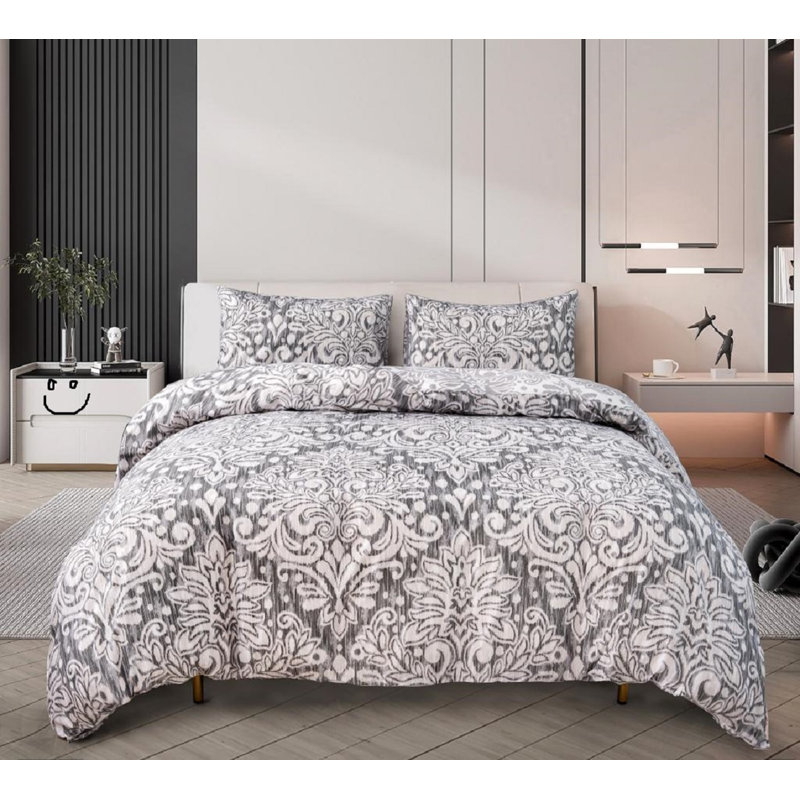 Cotton Damask Duvet Cover Set, Single Duvet Cover Set + 2 Additional Pieces, Grey Damask