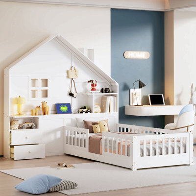House Bed With Window And Bedside Drawers, Platform Bed With Shelves And A Set Of Sockets And Usb Port, White