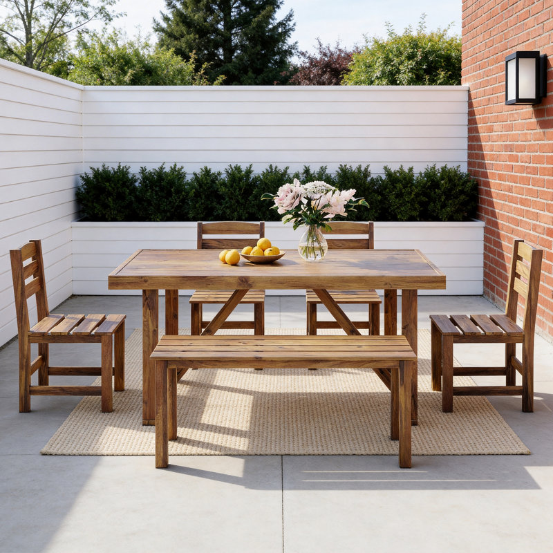 Ensemble repas pour 6 personnes en bois d'acacia avec table rectangulaire, Naturel