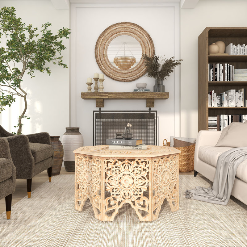 Kenedy Carved Floral Solid Wood Coffee Table, White