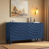 Elegant Navy Blue Sideboard Featuring Sophisticated Wavy Pattern Doors With Arched Groove Design In A Stylish Four-Door Layout,Adjustable, Suitable For Study, Entryway And Living Room