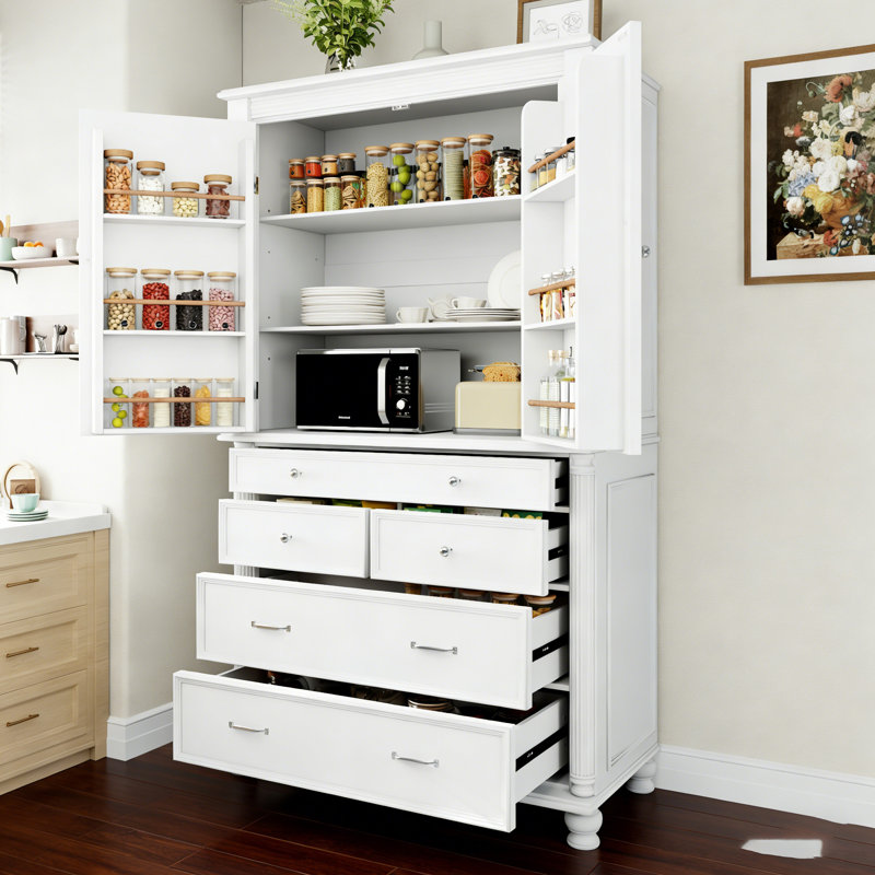 Freestanding Large Kitchen Pantry , 43.3X20x77.3Inch Tall Storage Cabinet Cupboard With 6 Door Shelves, 2 Adjustable Shelves And 5 Drawers
