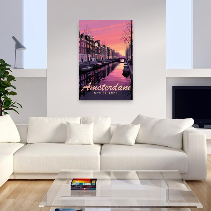 Amsterdam Sunset Canal, une affiche murale colorée, paisible et vibrante représentant l'architecture de la ville