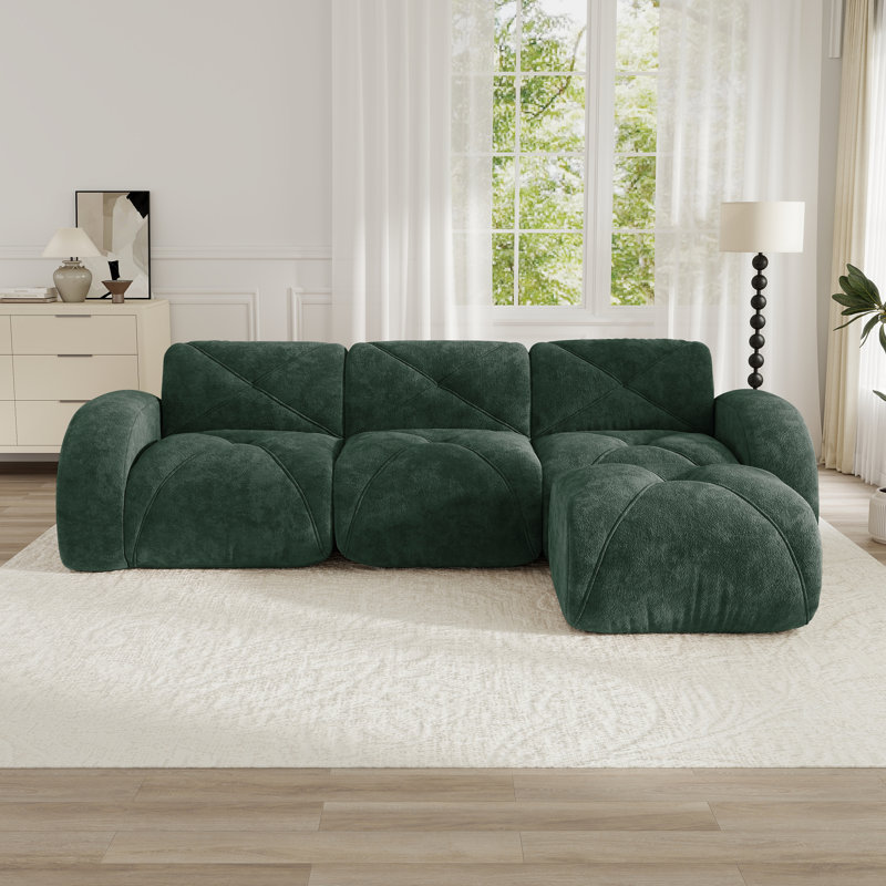 Boneless L-Shaped Soft Velvet Fabric Sofa, 32D High-Density Foam, No-Assembly Base, Non-Slip Design, Movable Ottoman Suitable For Living Rooms.