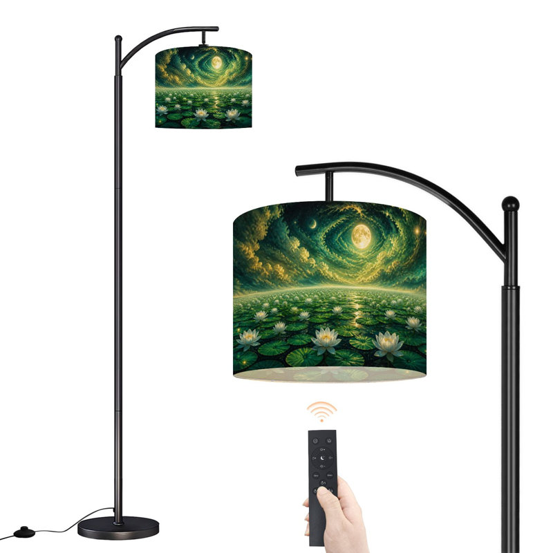  Lampe sur pied arquée Fantasy Moonlit Sky Serene Lotus Pond, vert Lilypads Pond Lampe sur pied moderne de 62,6 po, abat-jour tambour en lin à DEL, température de couleur 3, télécommande et interrupteur au pied pour le salon