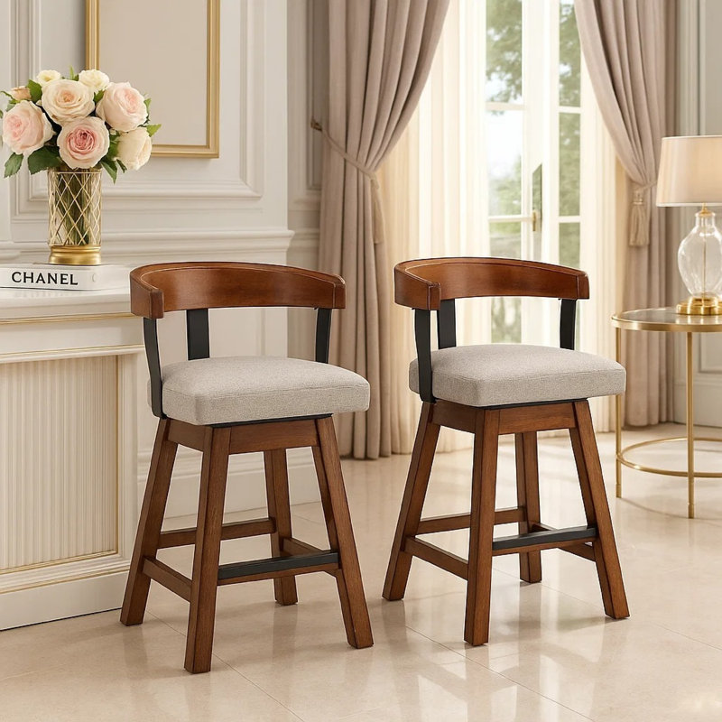 Tabouret de comptoir pivotant Raly, siège rembourré gris et dossiers courbés, brun