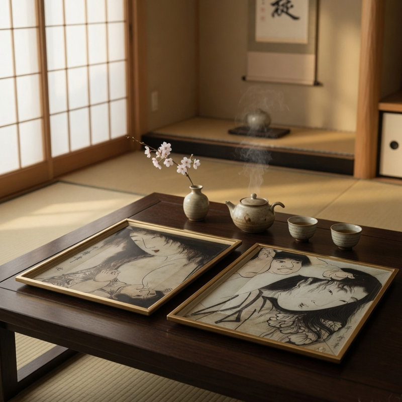 Decorative Serving Tray , Japanese Black And White Glass Print