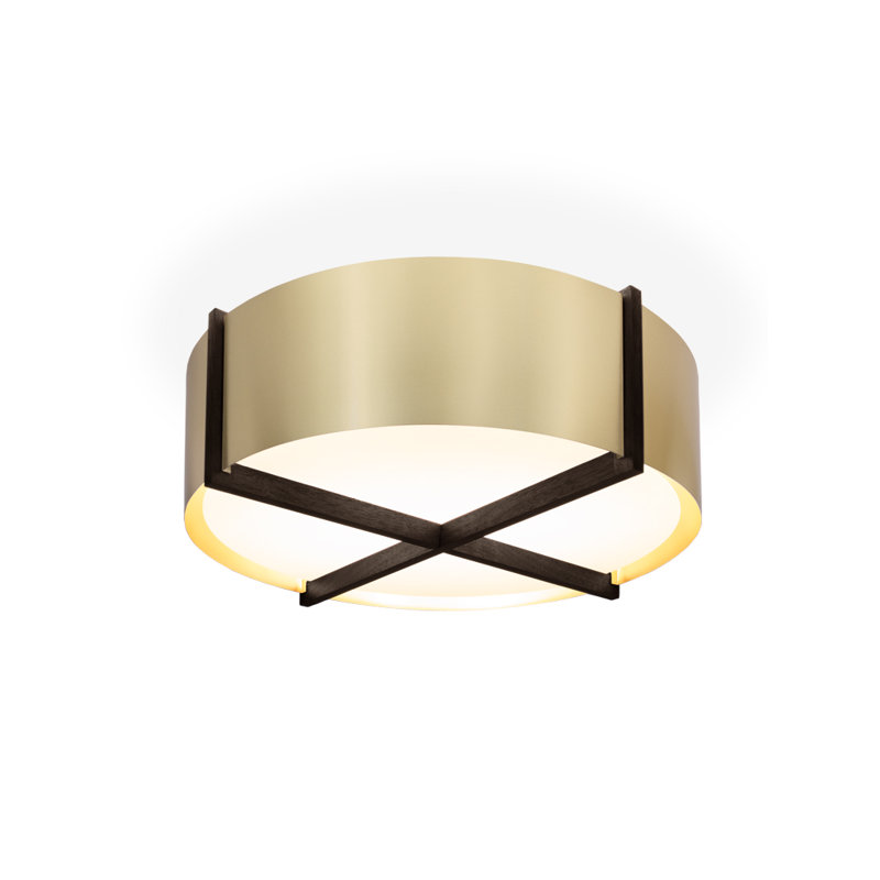 Plura Flush Mount, Brushed Brass, Dark Stained Walnut, 7.8" H x 18" W x 18" D