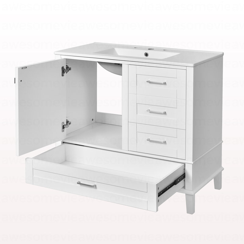 36" White Bathroom Vanity With Solid Pine Frame, 1 Soft Close Door And 3 Drawers , Modern Storage Cabinet, White