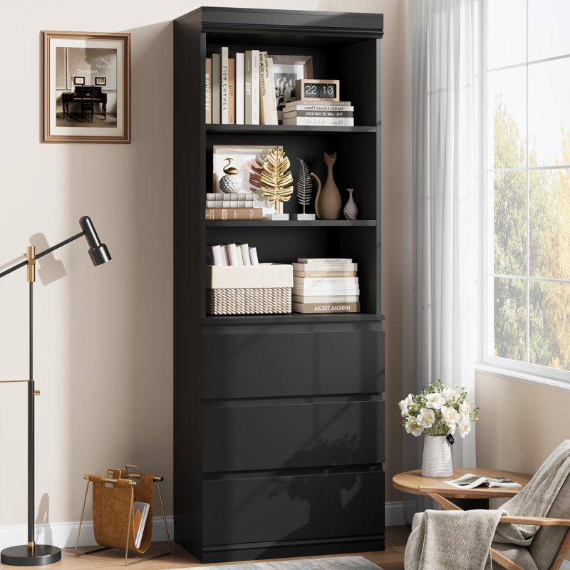 Bibliothèque de 70 po de hauteur avec 3 tiroirs, bibliothèque moderne en bois avec 3 tablettes ouvertes, armoire de rangement pour bureau personnel