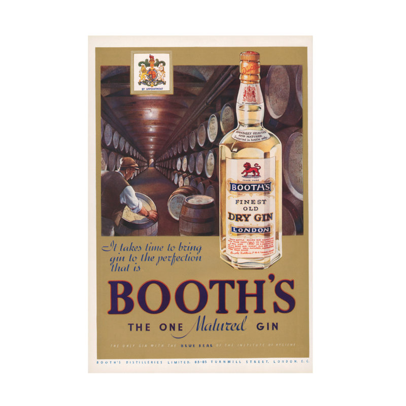 Art anglais sur toile, "Booths Gin", H 19 po x l 12 po