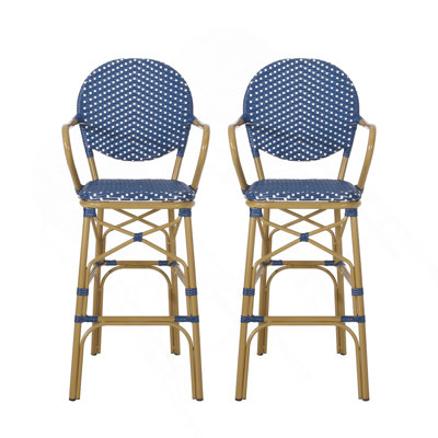 Ensemble de 2 tabourets de bar d'extérieur en osier et aluminium 29,5 po, bleu marine, finition à imprimé bambou