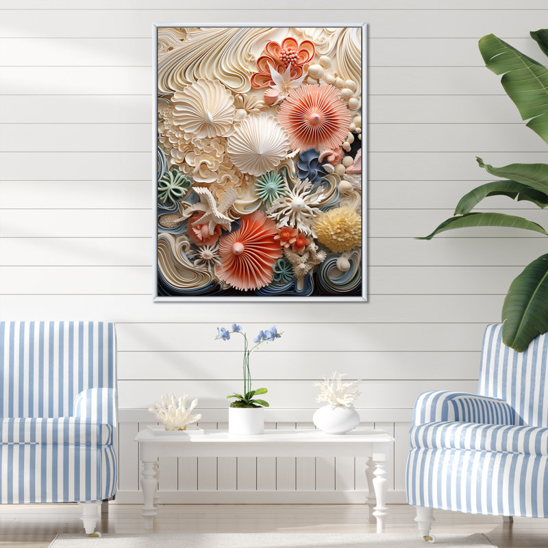 Créatures marines luxuriantes sur toile, H 40 po x l 30 po x P 1,5 po, Cadre flottant blanc