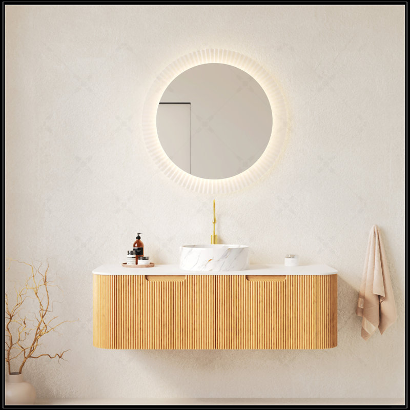 Meuble-lavabo mural 48 po avec rebords courbés, armoire de rangement rayée, lavabo rond en céramique blanche et finition grain de bois naturel