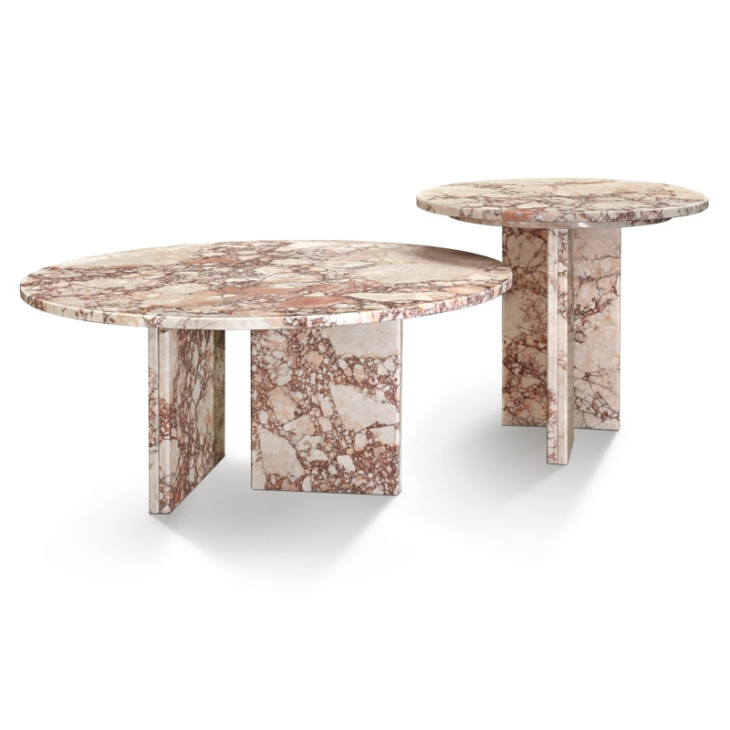 Ensemble de tables basses de luxe en marbre naturel rose pour le salon, petite table avec veines uniques et surface polie